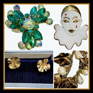 Old Hollywood Vintage Bundle>Set of4*Brooches+ Earrings+Bracelet<Gold~Glam~Glitz